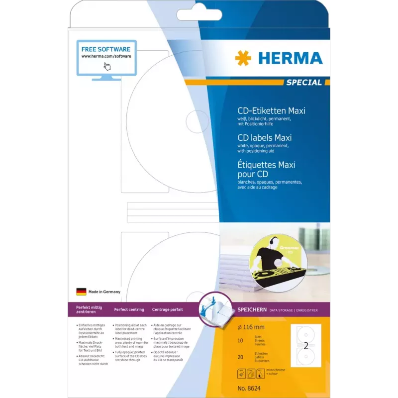 Pašlīmējoša printera etiķete HERMA CD etiķetes Maxi A4 Ø 116 mm