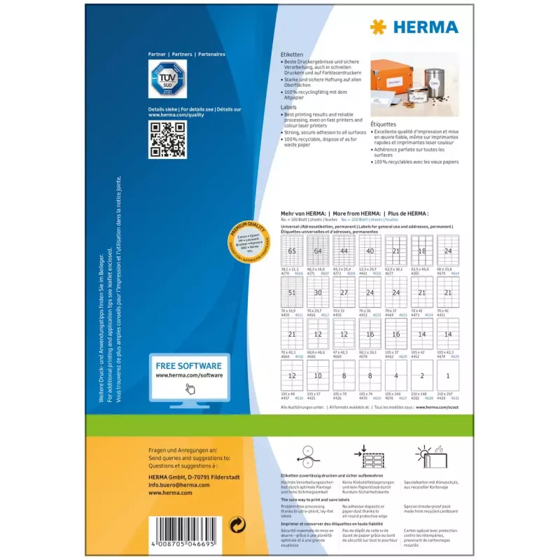 Pašlīmējoša printera etiķete HERMA Labels Premium A4 97x42,3 mm