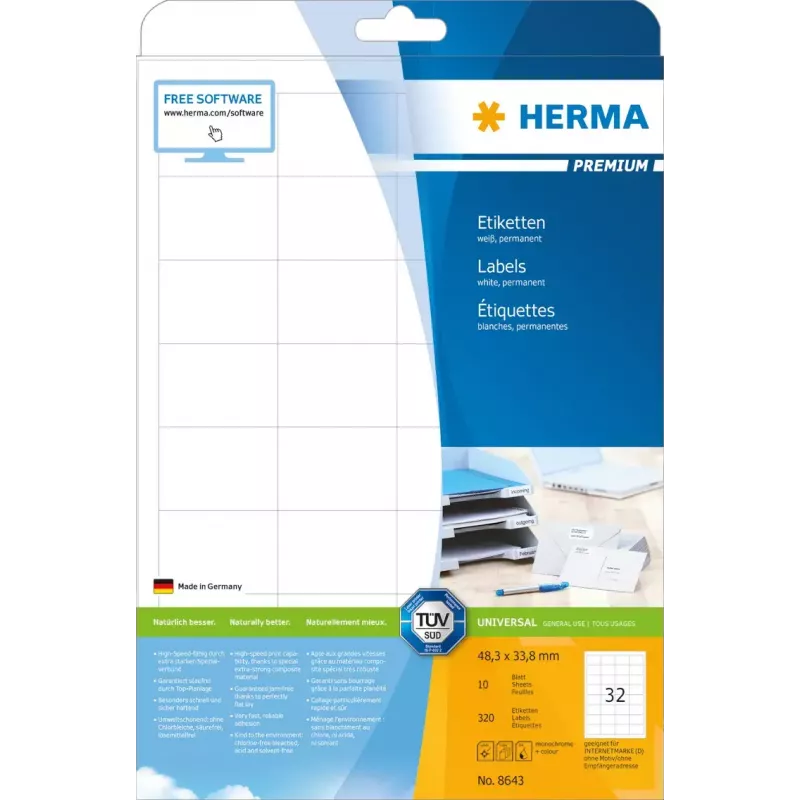 Pašlīmējošā etiķete HERMA 8643 Taisnstūris Pastāvīga Balta