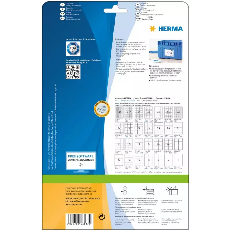 Pašlīmējošās printera etiķetes HERMA Labels Premium A4 210x297 mm balts papīrs matēts 10 gab.