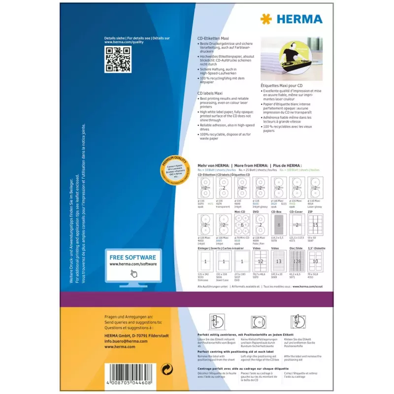 Pašlīmējošās printera etiķetes HERMA CD etiķetes Maxi A4 Ø 116 mm
