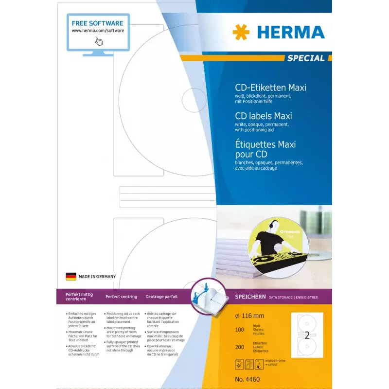Pašlīmējošās printera etiķetes HERMA CD etiķetes Maxi A4 Ø 116 mm