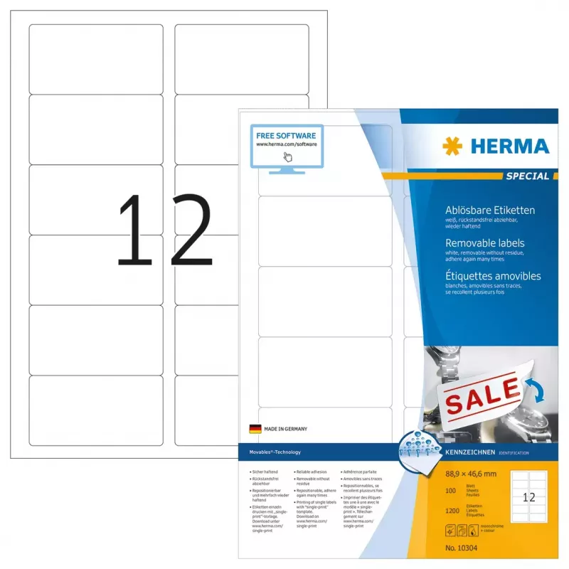 HERMA noņemamās etiķetes A4, 88.9x46.6 mm, baltas, Movables, 1200 gab.