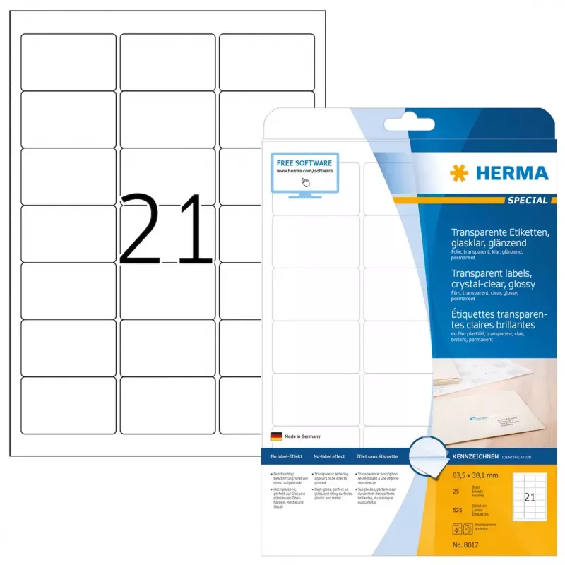 Pašlīmējošas printera etiķetes HERMA Labels caurspīdīgas, kristāldzidras A4 63,5x38,1 mm