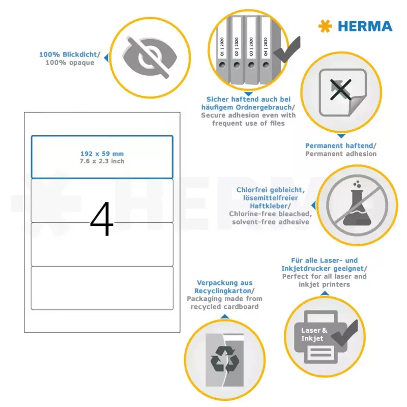 Pašlīmējošās printera etiķetes HERMA File labels A4 192x59 mm