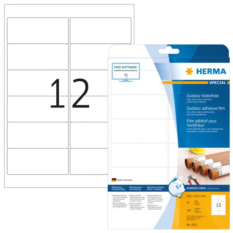 Pašlīmējoša printera uzlīme HERMA Labels A4 āra plēve 99,1x42,3 mm