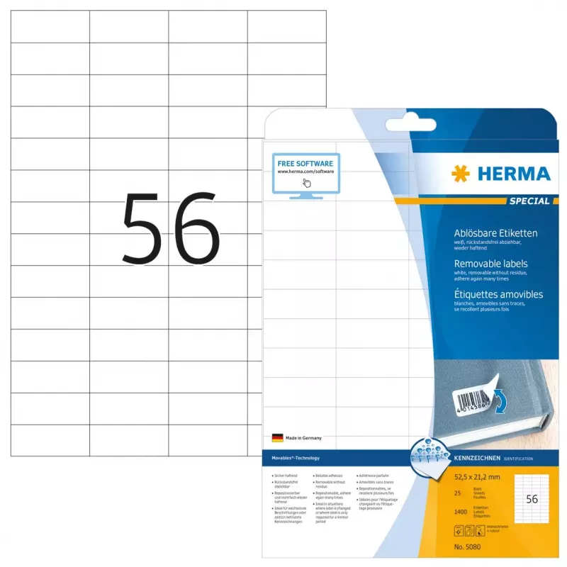 Noņemamas etiķetes HERMA A4 52.5x21.2 mm baltas 1400 gab.