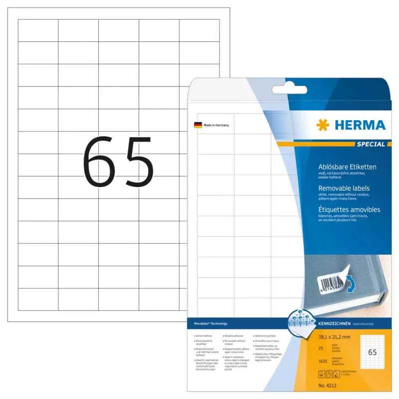 Pašlīmējoša printera etiķete HERMA 1625 gab. A4 38.1x21.2 mm