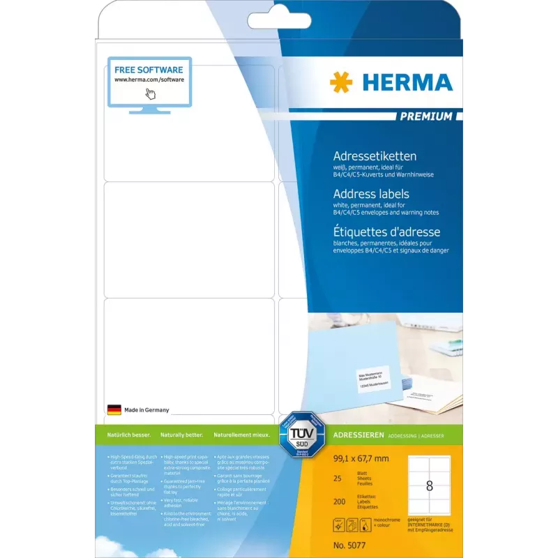 Adrešu uzlīmes Premium HERMA 5077 A4 99.1x67.7 mm 200 gab.
