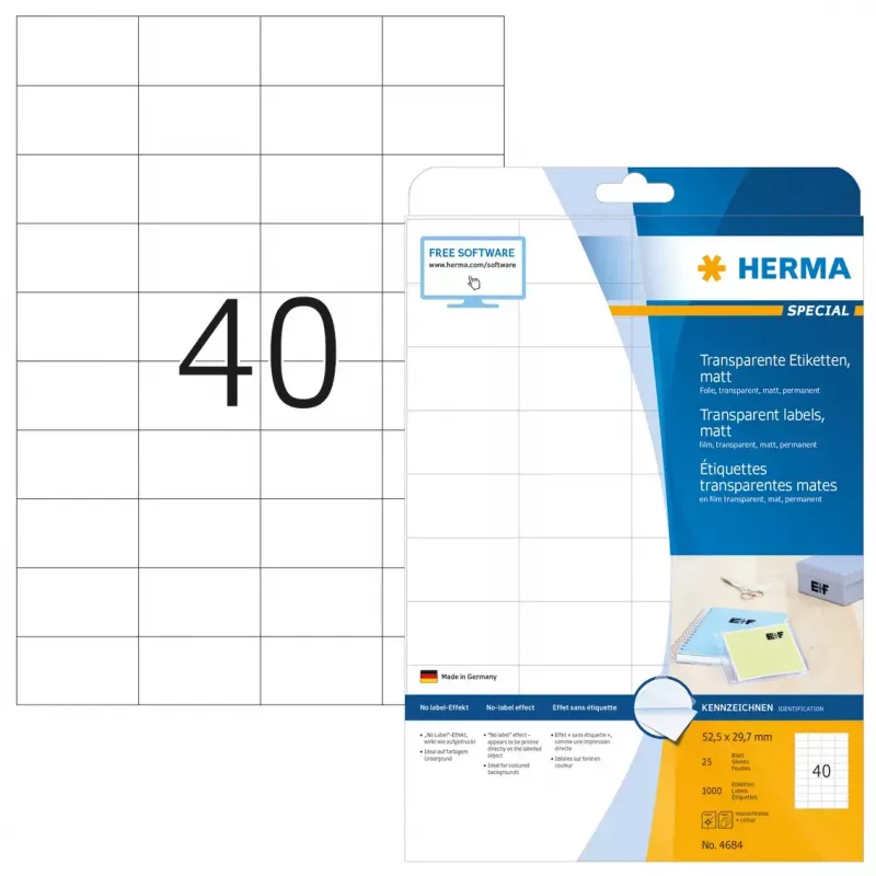 Pašlīmējošā printera etiķete HERMA Labels caurspīdīga matēta A4 52.5x29.7 mm plēve 1000 gab.