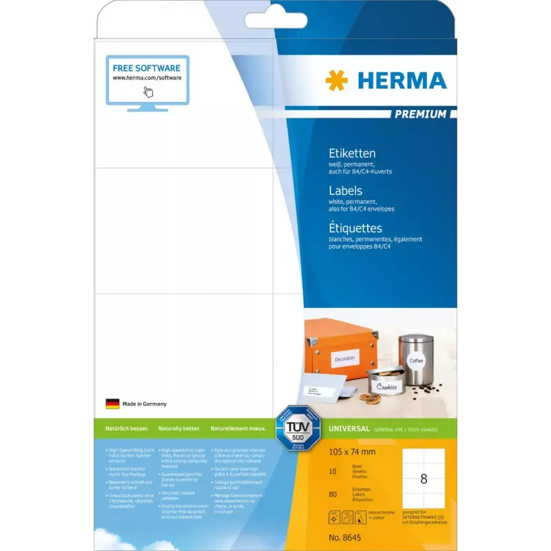 Pašlīmējošās uzlīmes HERMA 8645 Taisnstūrveida Pastāvīgas Baltas