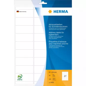 Adrešu uzlīmes HERMA A4 67x30 mm papīrs matēts noapaļoti stūri 540 gab.