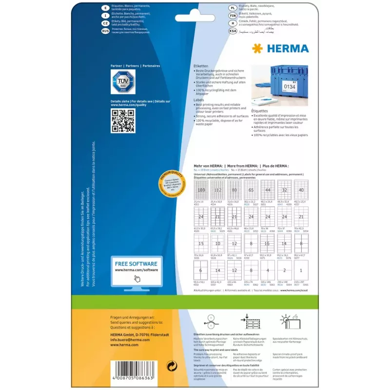 Pašlīmējošā printera etiķete HERMA Labels Premium A4 210x148 mm