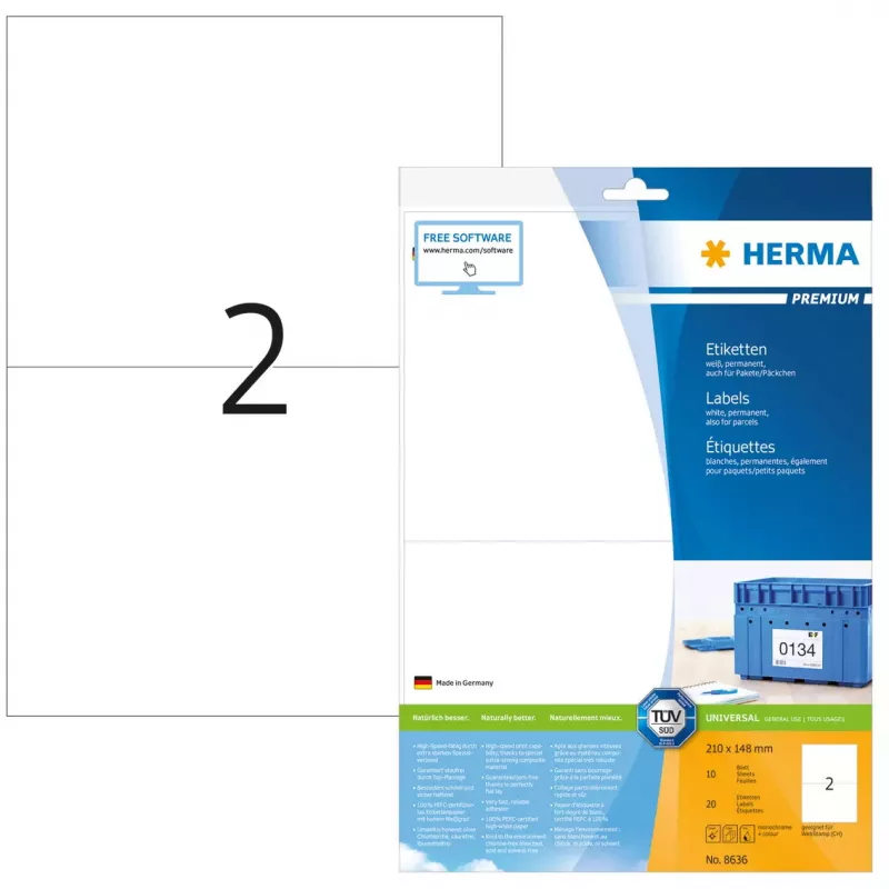 Pašlīmējošā printera etiķete HERMA Labels Premium A4 210x148 mm