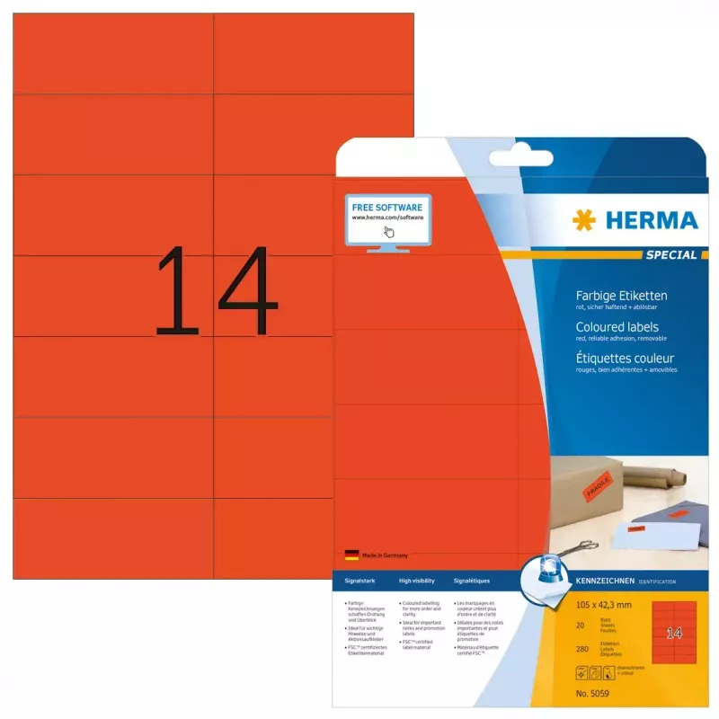 Pašlīmējoša printera etiķete HERMA Krāsainās etiķetes A4 105x42,3 mm sarkana