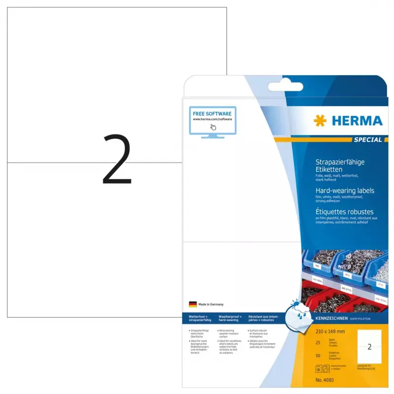 Pašlīmējošās printera etiķetes HERMA Labels hard-wearing A4 210x148 mm
