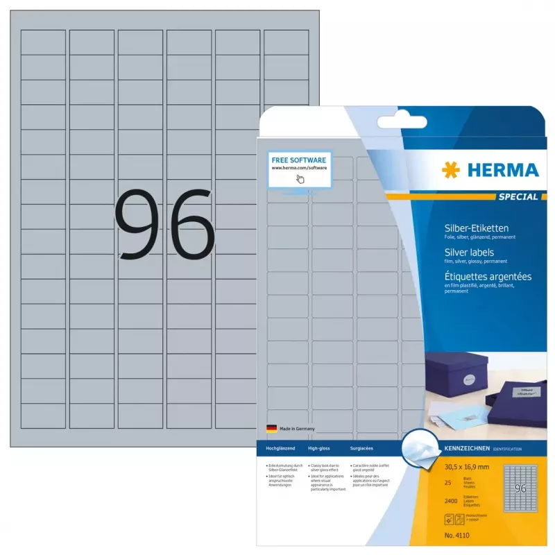 Pašlīmējošās printera etiķetes HERMA Labels A4 30.5x16.9 mm sudraba plēve glancēta 2400 gab.
