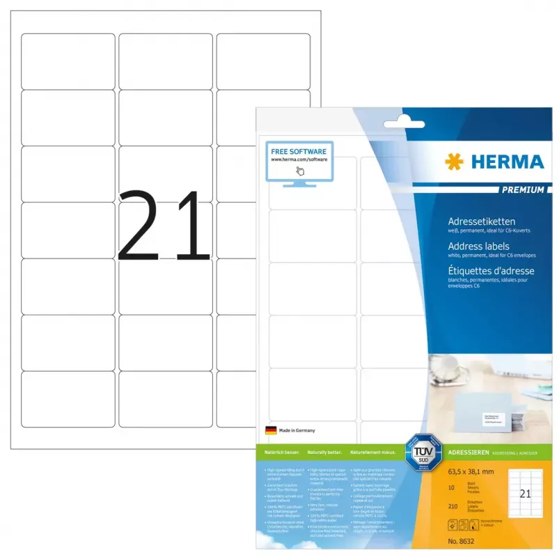 Adrešu uzlīmes Premium HERMA A4 63.5x38.1 mm 210 gab.