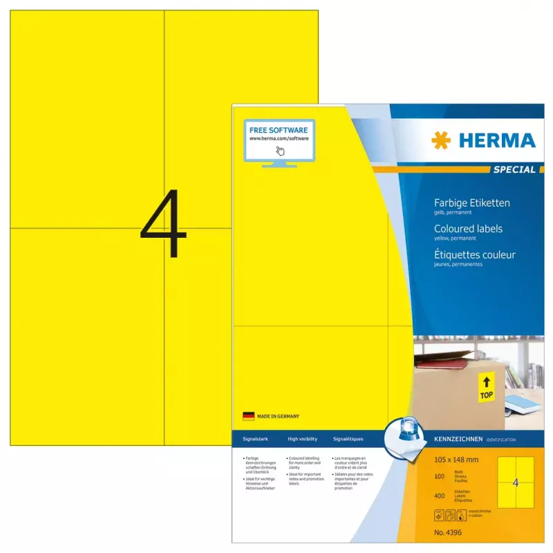 Pašlīmējoša printera uzlīme HERMA Coloured Labels A4 105x148 mm dzeltena papīra matēta 400 gab.