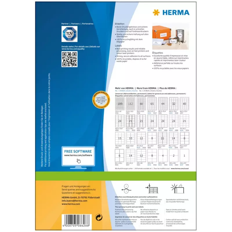 Pašlīmējošas printera etiķetes HERMA Labels Premium A4 97x42.3 mm