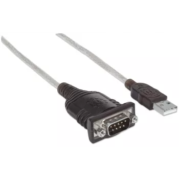 Manhattan USB-A uz seriālā pārveidotāja kabelis, 45 cm, vīr. pret vīr., Seriālais/RS232/COM/DB9, FTDI FT232RL mikroshēma, saderīgs ar Windows 11 (un iepriekšējām OS), melns/sudraba kabelis, trīs gadu garantija, ekvivalents ICUSB2321F.
