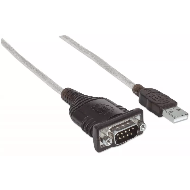 Manhattan USB-A uz seriālā pārveidotāja kabelis, 45 cm, vīr. pret vīr., Seriālais/RS232/COM/DB9, FTDI FT232RL mikroshēma, saderīgs ar Windows 11 (un iepriekšējām OS), melns/sudraba kabelis, trīs gadu garantija, ekvivalents ICUSB2321F.
