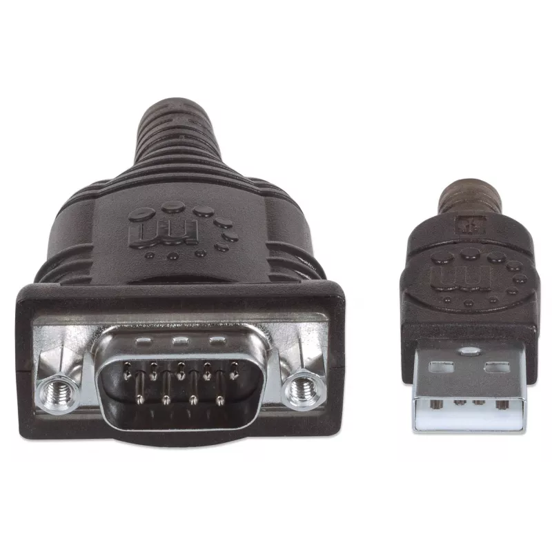 Manhattan USB-A uz seriālā pārveidotāja kabelis, 45 cm, vīr. pret vīr., Seriālais/RS232/COM/DB9, FTDI FT232RL mikroshēma, saderīgs ar Windows 11 (un iepriekšējām OS), melns/sudraba kabelis, trīs gadu garantija, ekvivalents ICUSB2321F.