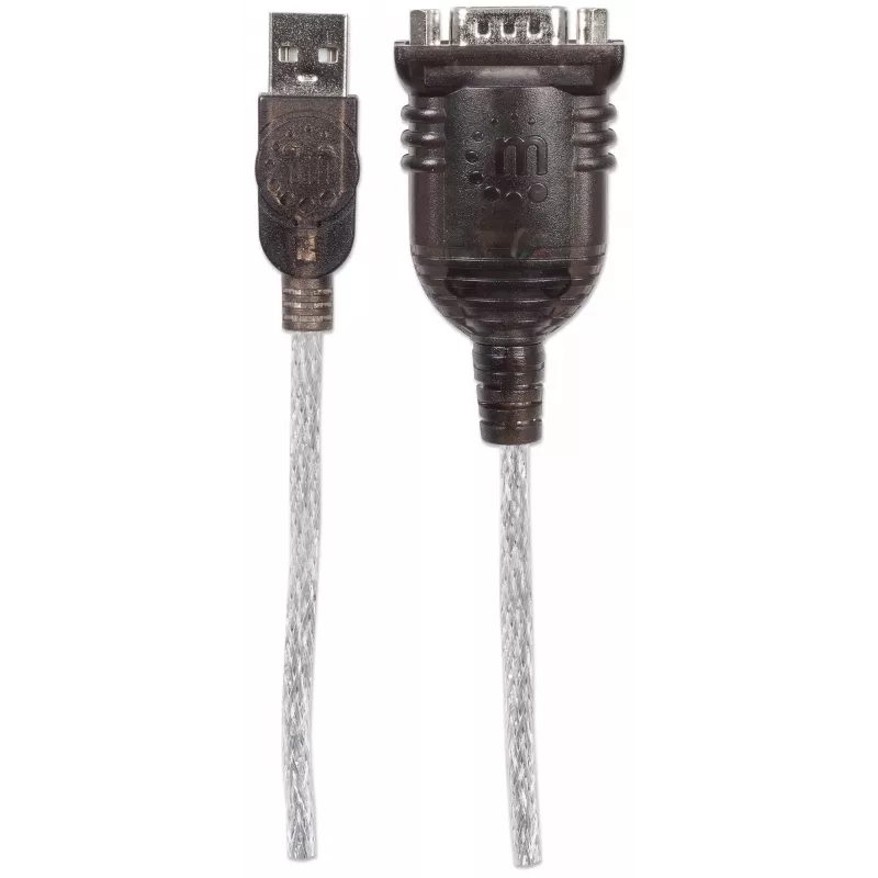 Manhattan USB-A uz seriālā pārveidotāja kabelis, 45 cm, vīr. pret vīr., Seriālais/RS232/COM/DB9, FTDI FT232RL mikroshēma, saderīgs ar Windows 11 (un iepriekšējām OS), melns/sudraba kabelis, trīs gadu garantija, ekvivalents ICUSB2321F.