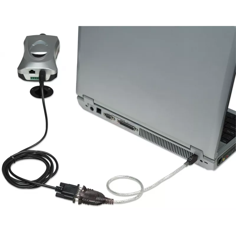Manhattan USB-A uz seriālā pārveidotāja kabelis, 45 cm, vīr. pret vīr., Seriālais/RS232/COM/DB9, FTDI FT232RL mikroshēma, saderīgs ar Windows 11 (un iepriekšējām OS), melns/sudraba kabelis, trīs gadu garantija, ekvivalents ICUSB2321F.
