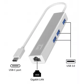 LevelOne Gigabit USB-C tīkla adapteris ar USB centrmezglu, vadu, USB Type-C, Ethernet, 1000 Mbit/s, sudraba