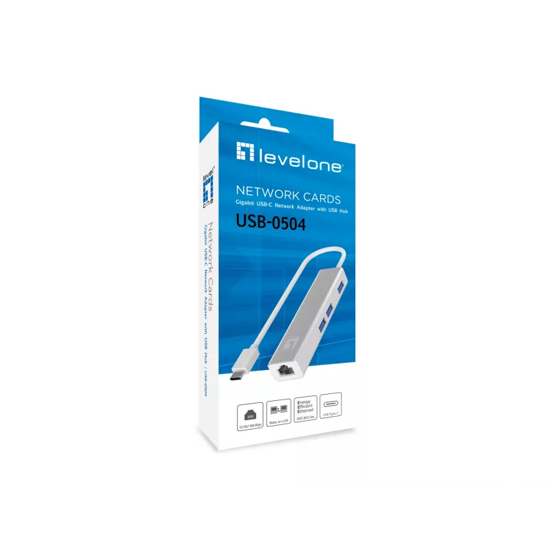 LevelOne Gigabit USB-C tīkla adapteris ar USB centrmezglu, vadu, USB Type-C, Ethernet, 1000 Mbit/s, sudraba