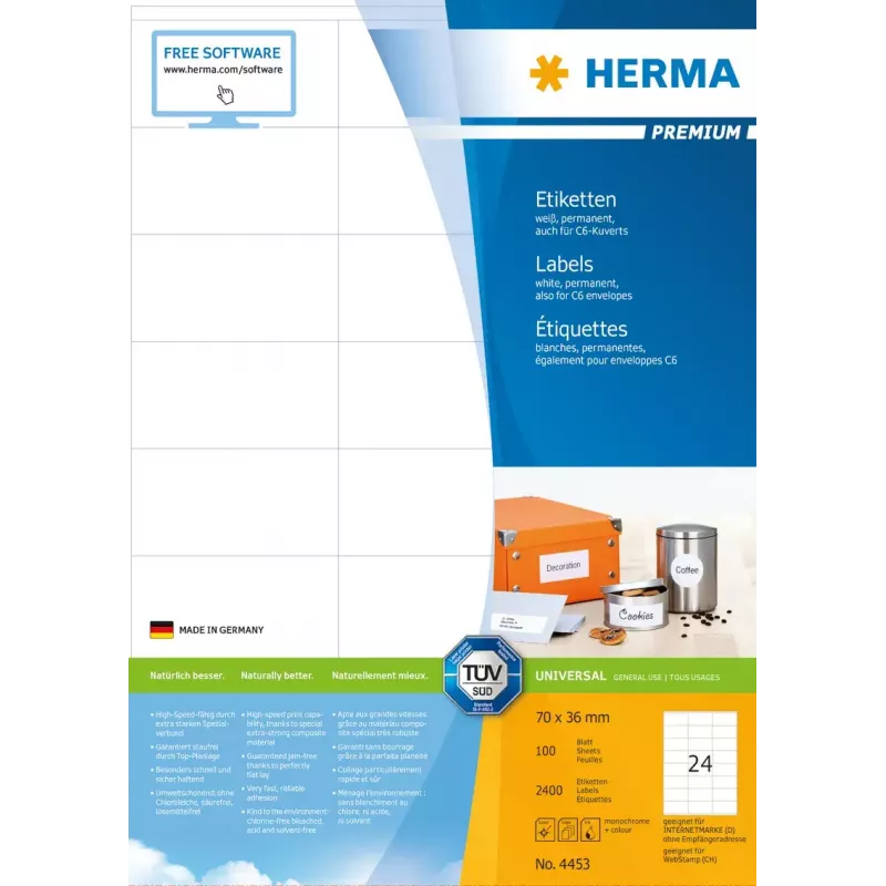 Pašlīmējošā printera etiķete HERMA Labels Premium A4 70x36 mm