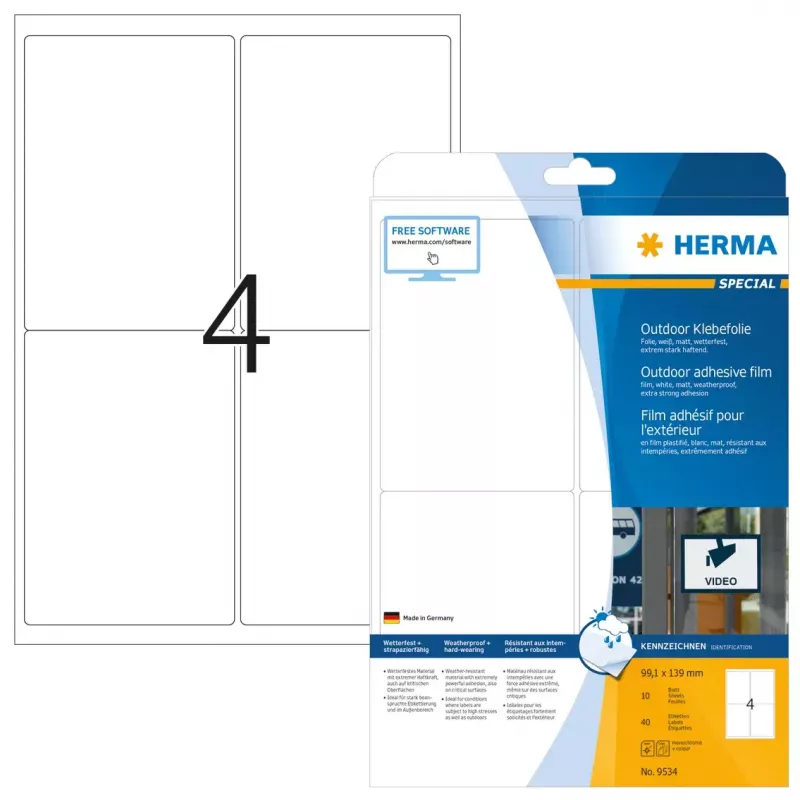 Pašlīmējošā printera etiķete HERMA 9534 A4 āra plēve 99,1x139 mm
