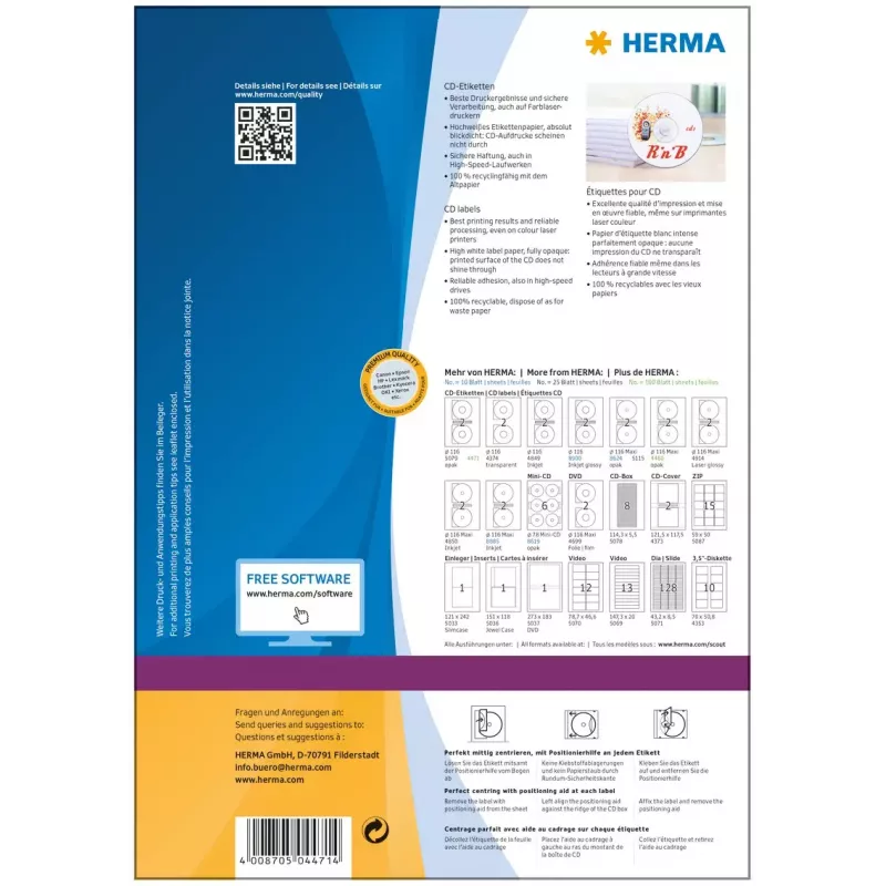HERMA kompaktdisku etiķetes A4 Ø 116 mm balts papīrs matēts necaurspīdīgs 200 gab.