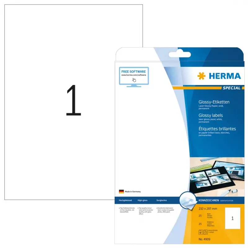 Pašlīmējoša printeru etiķete HERMA Labels A4 210x297 mm balts papīrs glancēts 25 gab.
