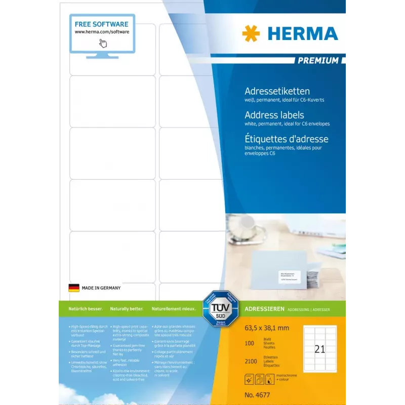 Adrešu uzlīmes HERMA Premium A4 63,5x38,1 mm 2100 gab.
