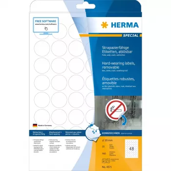 Pašlīmējošā etiķete HERMA 4571 Noņemama Balta 960 gab.