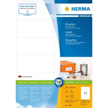 Etiķetes HERMA Premium A4 105x48 mm balts papīrs matēts 1200 gab.