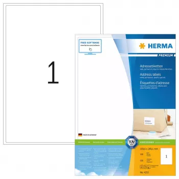 Adrešu uzlīmes Premium HERMA A4 199.6x289.1 mm, balts papīrs, matētas, 100 gab.