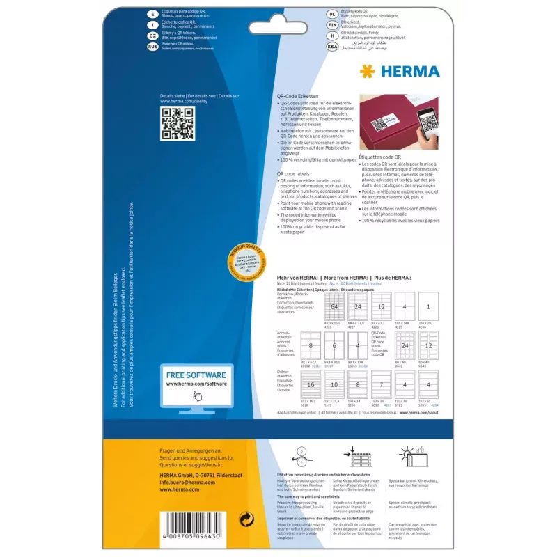 Pašlīmējošā printera etiķete HERMA QR koda etiķetes 9643