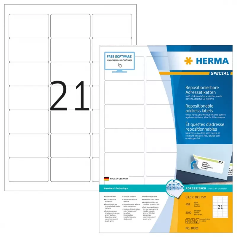 Pārvietojamas adrešu uzlīmes HERMA 63.5x38.1 mm 2100 gab.
