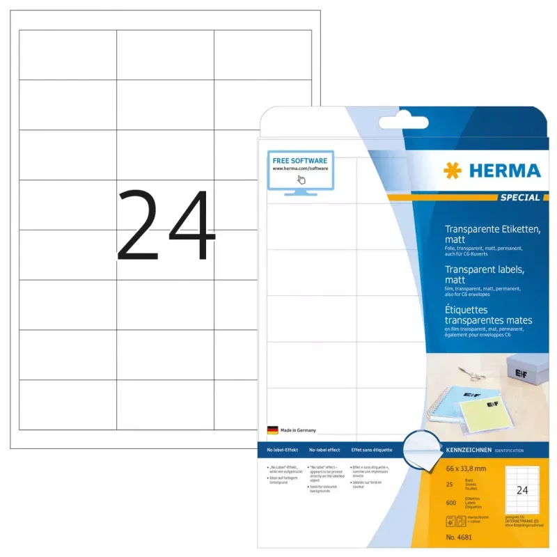 Pašlīmējošā printera etiķete HERMA Labels caurspīdīga matēta A4 66x33.8 mm plēve 600 gab.