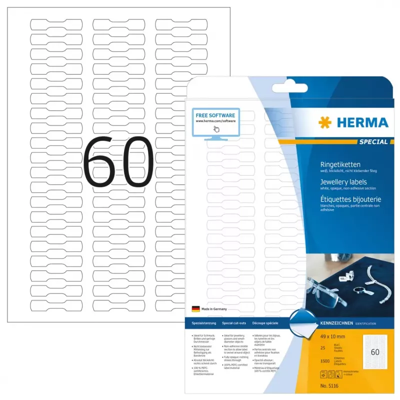 Pašlīmējošas printera etiķetes HERMA 5116 A4 49x10 mm 1500 gab.