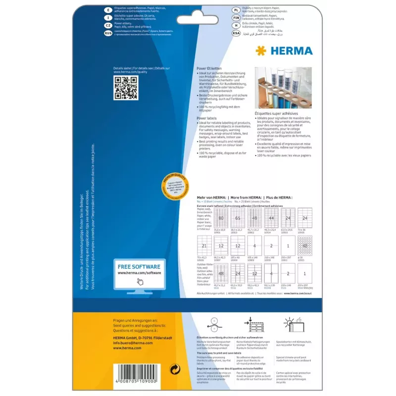 Pašlīmējošā printera etiķete HERMA Labels A4 25,4x10 mm balta īpaši stipra adhēzija papīrs matēts 4725 gab.