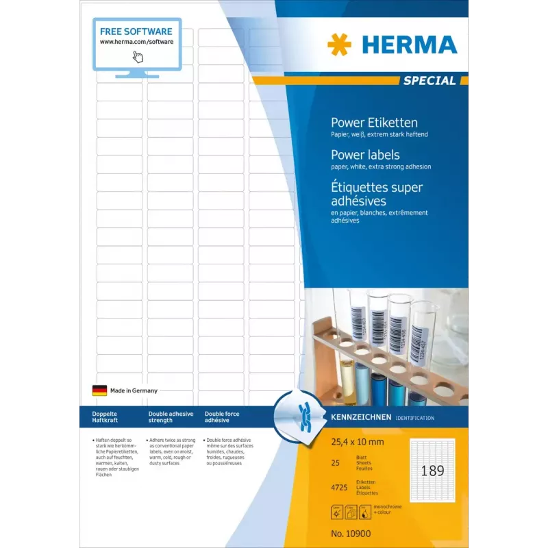 Pašlīmējošā printera etiķete HERMA Labels A4 25,4x10 mm balta īpaši stipra adhēzija papīrs matēts 4725 gab.