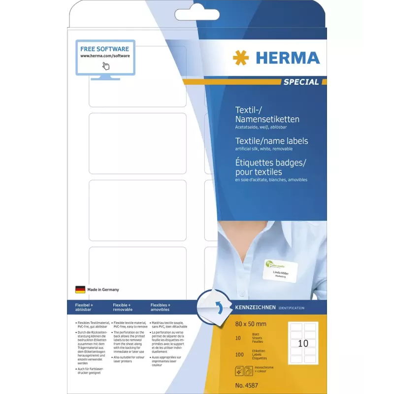 Pašlīmējoša etiķete HERMA 4587 Noapaļots taisnstūris Noņemama Balta