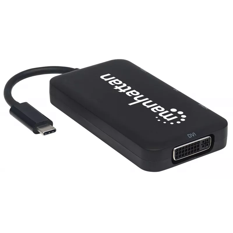 Manhattan USB-C dokstacija/cenrādis, pieslēgvietas (x4): DisplayPort, DVI-I, HDMI vai VGA, Piezīme: Vienlaikus var izmantot tikai vienu pieslēgvietu, Ārējs barošanas avots nav nepieciešams, Universāls visām ierīcēm, Kabelis 8 cm, Melns, Trīs gadu garantija