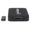 Manhattan USB-C dokstacija/cenrādis, pieslēgvietas (x4): DisplayPort, DVI-I, HDMI vai VGA, Piezīme: Vienlaikus var izmantot tikai vienu pieslēgvietu, Ārējs barošanas avots nav nepieciešams, Universāls visām ierīcēm, Kabelis 8 cm, Melns, Trīs gadu garantija