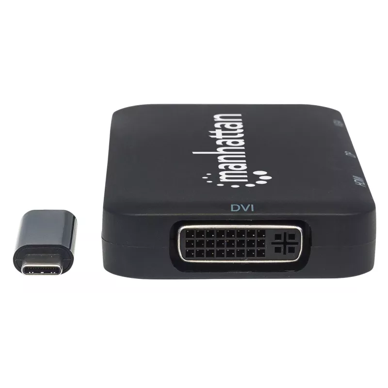 Manhattan USB-C dokstacija/cenrādis, pieslēgvietas (x4): DisplayPort, DVI-I, HDMI vai VGA, Piezīme: Vienlaikus var izmantot tikai vienu pieslēgvietu, Ārējs barošanas avots nav nepieciešams, Universāls visām ierīcēm, Kabelis 8 cm, Melns, Trīs gadu garantija