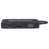 Manhattan USB-C dokstacija/cenrādis, pieslēgvietas (x4): DisplayPort, DVI-I, HDMI vai VGA, Piezīme: Vienlaikus var izmantot tikai vienu pieslēgvietu, Ārējs barošanas avots nav nepieciešams, Universāls visām ierīcēm, Kabelis 8 cm, Melns, Trīs gadu garantija